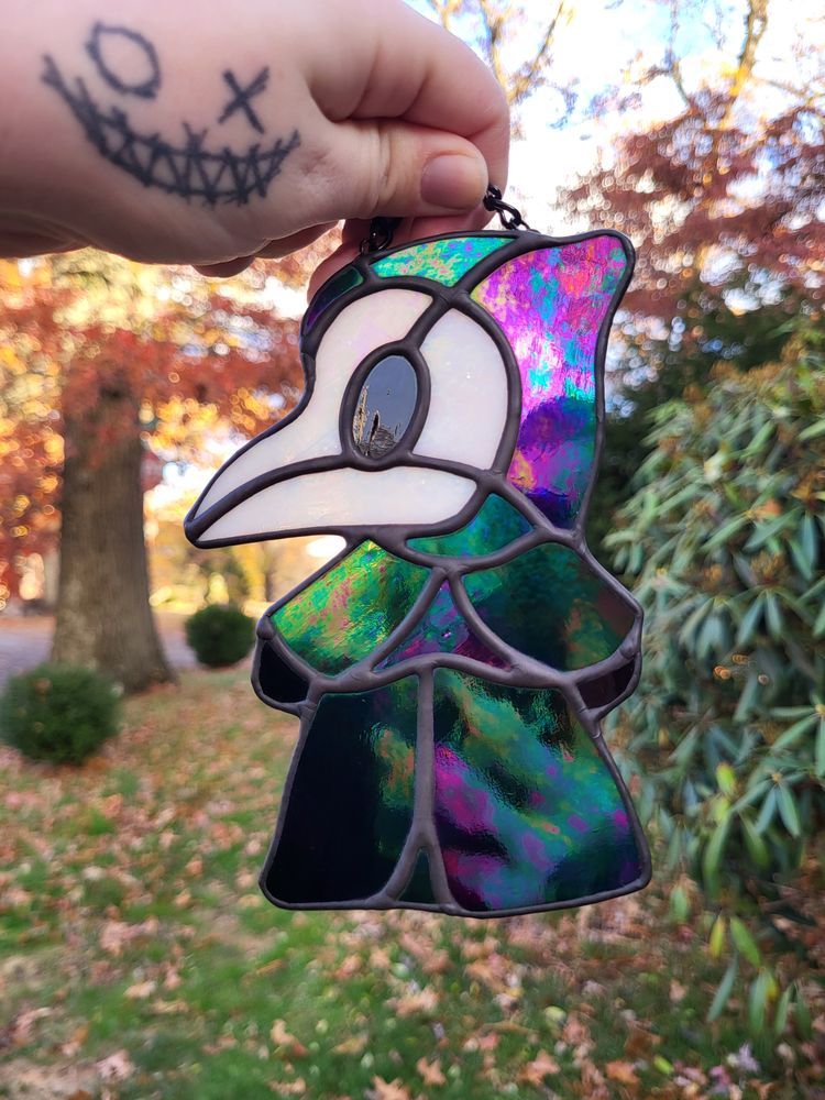Plague Doctor Iridescent Black with White Mask Stained Glass